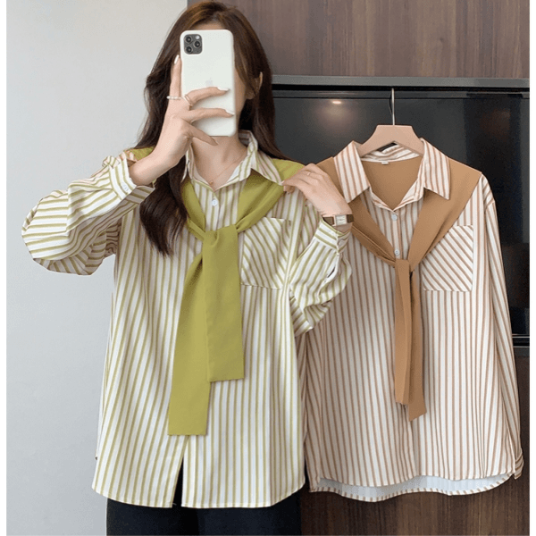 特价款跑量款大量现货2023春季披肩拼接假两件条纹衬衫女