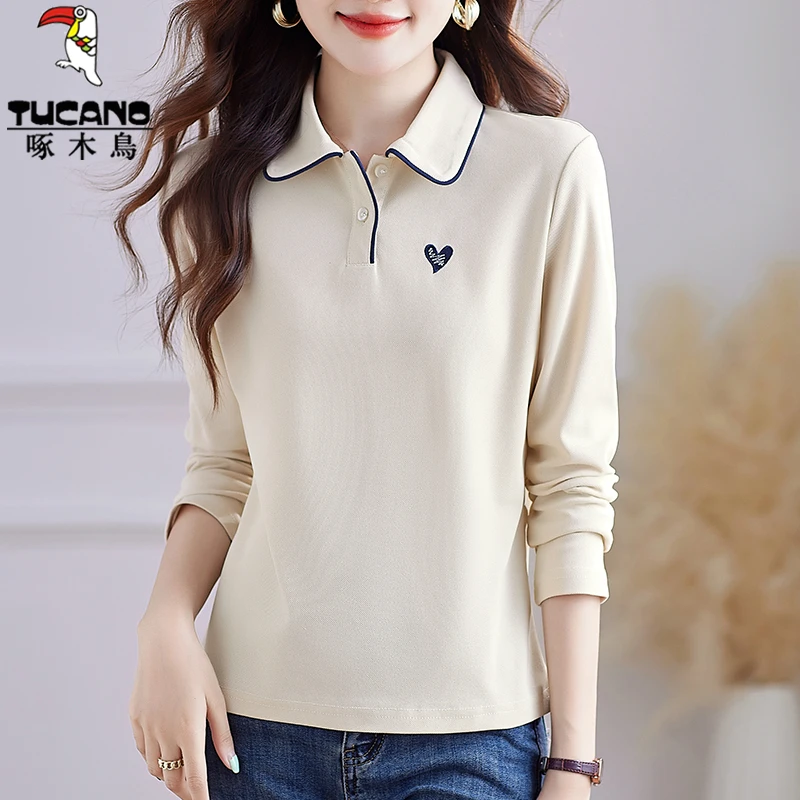 【正品】啄木鸟春秋长袖POLO衫女2025新款减龄百搭妈妈显瘦翻领上衣