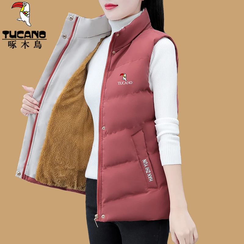 【正品】啄木鸟加绒马甲女2025新款秋冬季宽松大码中年妈妈马夹外套