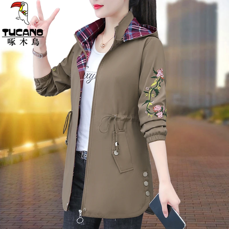 【正品】啄木鸟中长款风衣外套女春秋2025新款休闲收腰显瘦夹克上衣