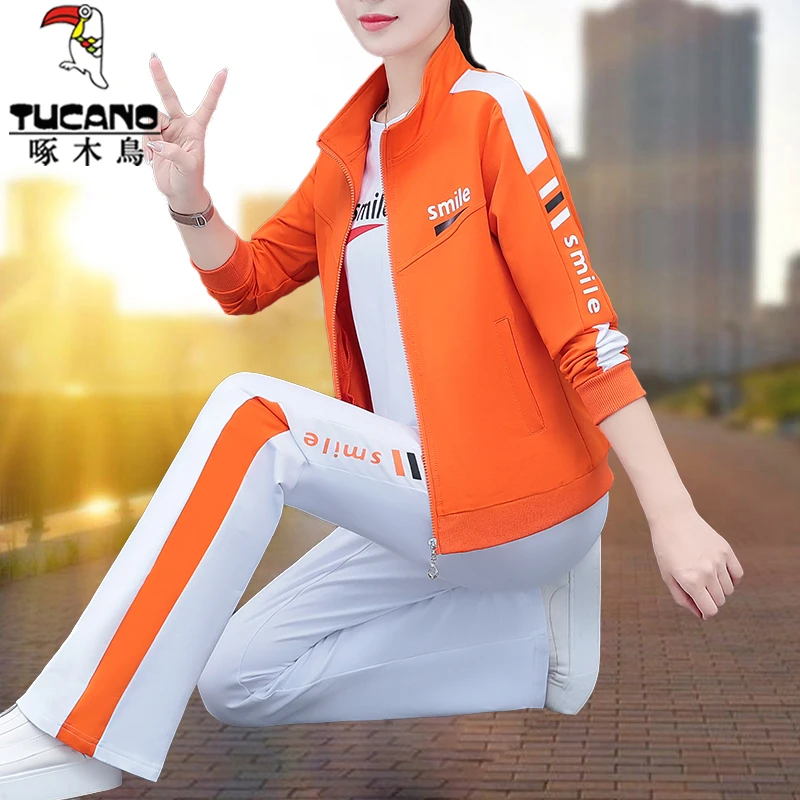 【正品】啄木鸟运动服套装女春秋2025新款早秋微喇裤开衫卫衣三件套