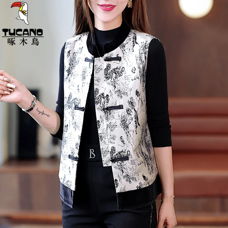 【正品】啄木鸟新中式国风复古水墨画唐装马甲女春秋外搭坎肩小外套