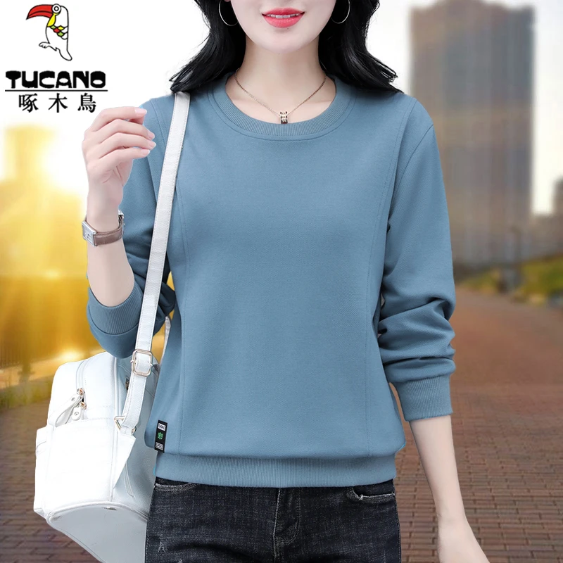 【正品】啄木鸟休闲圆领长袖卫衣女2025新款春秋季中年妈妈宽松上衣