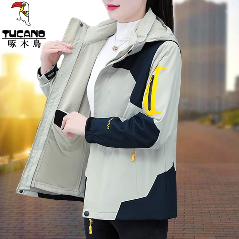 【正品】啄木鸟秋冬冲锋衣女户外三合一外套可拆卸内胆防风登山夹克