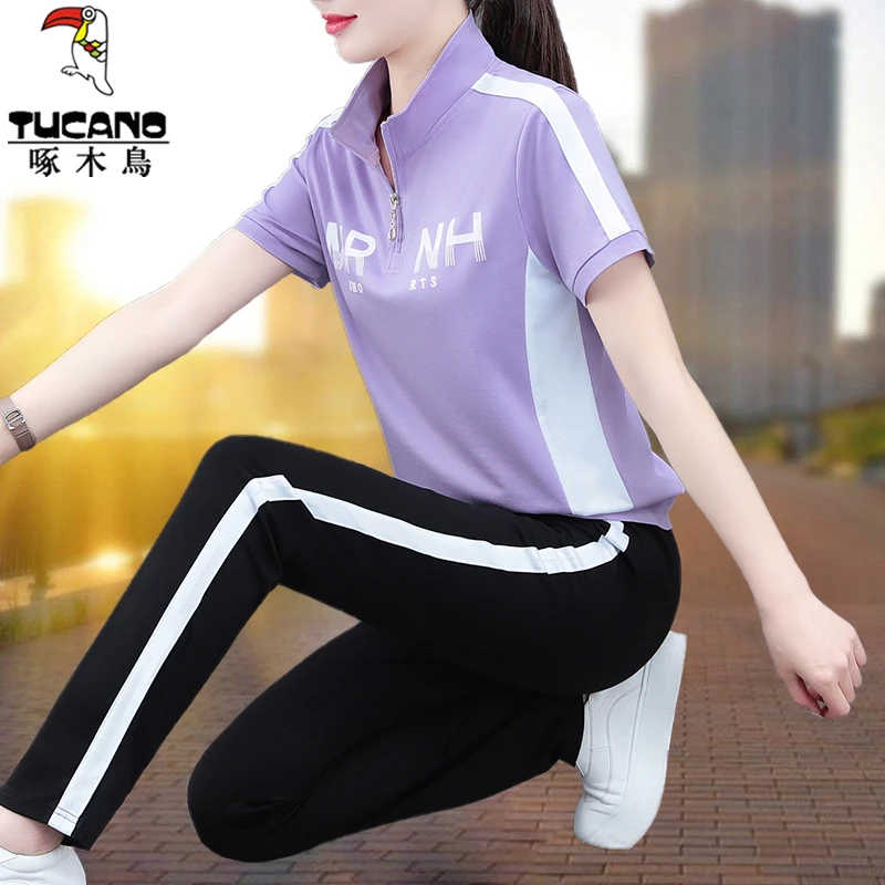 【正品】啄木鸟运动服套装女夏季时尚洋气2025新款短袖跑步服两件套