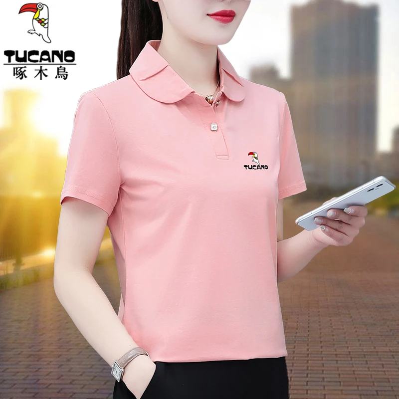 【正品】啄木鸟翻领短袖T恤女夏季2025新款POLO领中年妈妈装上衣