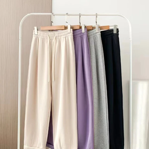 米妮老爹裤女士时尚宽松纯色松紧腰显瘦百搭休闲卫裤