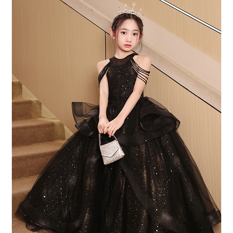 黑色高端儿童礼服女童公主裙气质蓬蓬纱洋气走秀主持人生日演出服