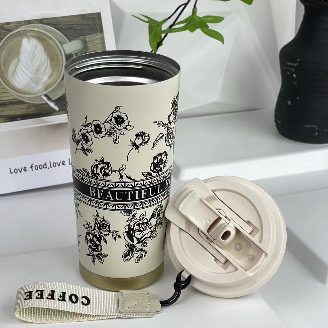 新款高颜值便携创意玫瑰咖啡杯316L内胆高颜值双饮保温保冰咖啡杯