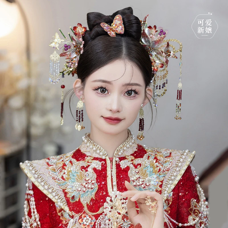 合金婚庆饰品 大气滴胶花朵高级新娘结婚中式龙凤褂发饰品X1863