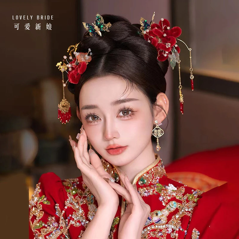 合金婚庆饰品 红色绒花高端大气串珠发饰中式秀禾头饰20240306