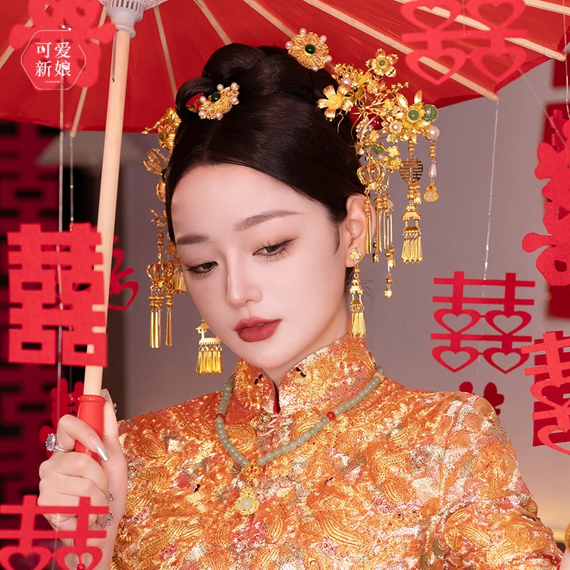 龙凤褂新娘头饰金色高级奢华流苏发饰中式汉服秀禾配饰20240734