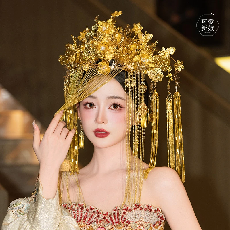 新娘汉服头饰金色奢华凤冠霞帔花朵喜字发饰中式秀禾头冠20241136