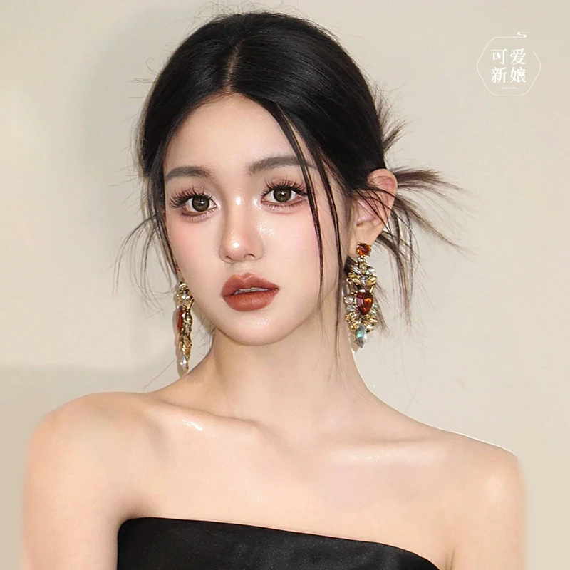 合金耳饰 高级复古彩色闪钻耳饰结婚晨袍礼服百搭耳钉202404102