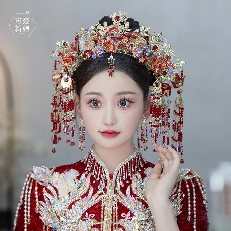 合金婚庆饰品 高级红色复古凤冠新娘结婚汉服龙凤褂发饰X1860