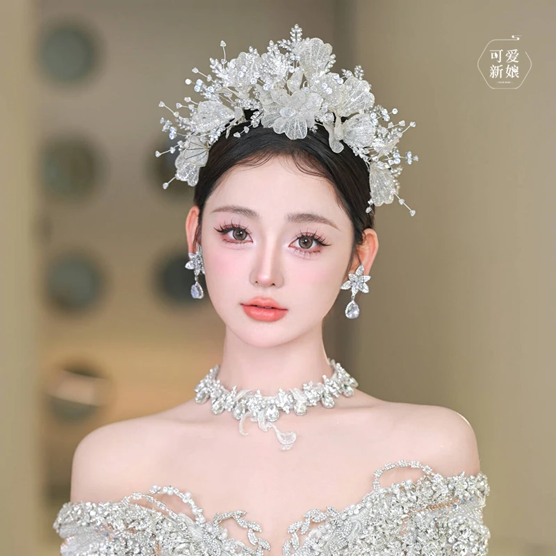森系减龄皇冠高级仙美花朵水晶公主王冠新娘婚纱甜美头饰HG30173