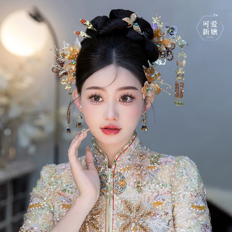 合金婚庆饰品 大气橘色滴胶花朵新娘高级结婚古风秀禾发饰品X1862