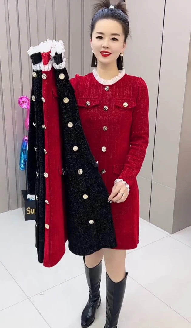 2024新款小香风高领显瘦百搭雪妮尔绒连衣裙