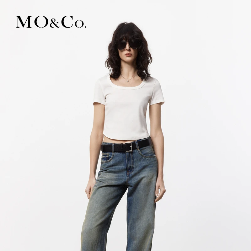 MOCO夏简约U领弧形短款短袖棉质T恤MBD2TEE006