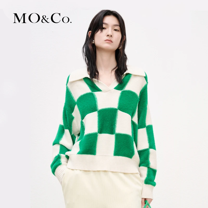 MOCO冬POLO领棋盘格宽松毛衣宽松针织衫MBB4SWT050