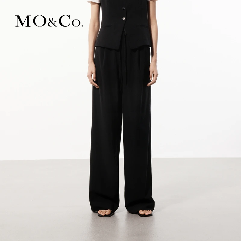 MOCO夏拼接缎面抽绳高腰醋酸混纺阔腿裤休闲裤MBD2PAT009