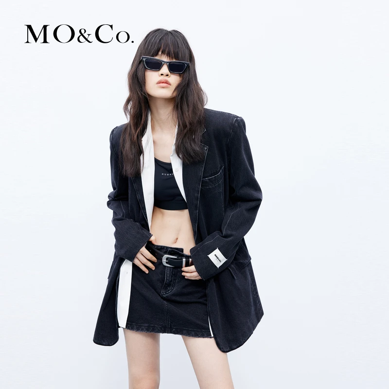 MOCO秋洗水中性垫肩宽松牛仔西装外套丹宁风MBC3BLA010