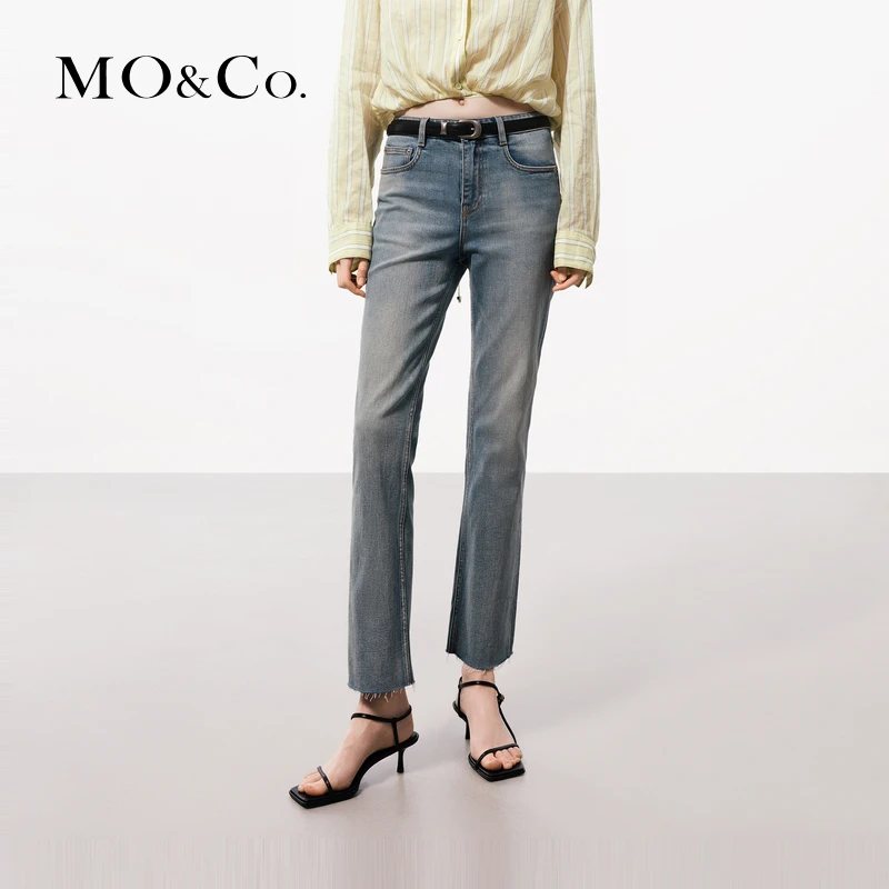 MOCO夏怀旧洗水高腰剪边脚口九分小直筒牛仔裤MBD2JEN005