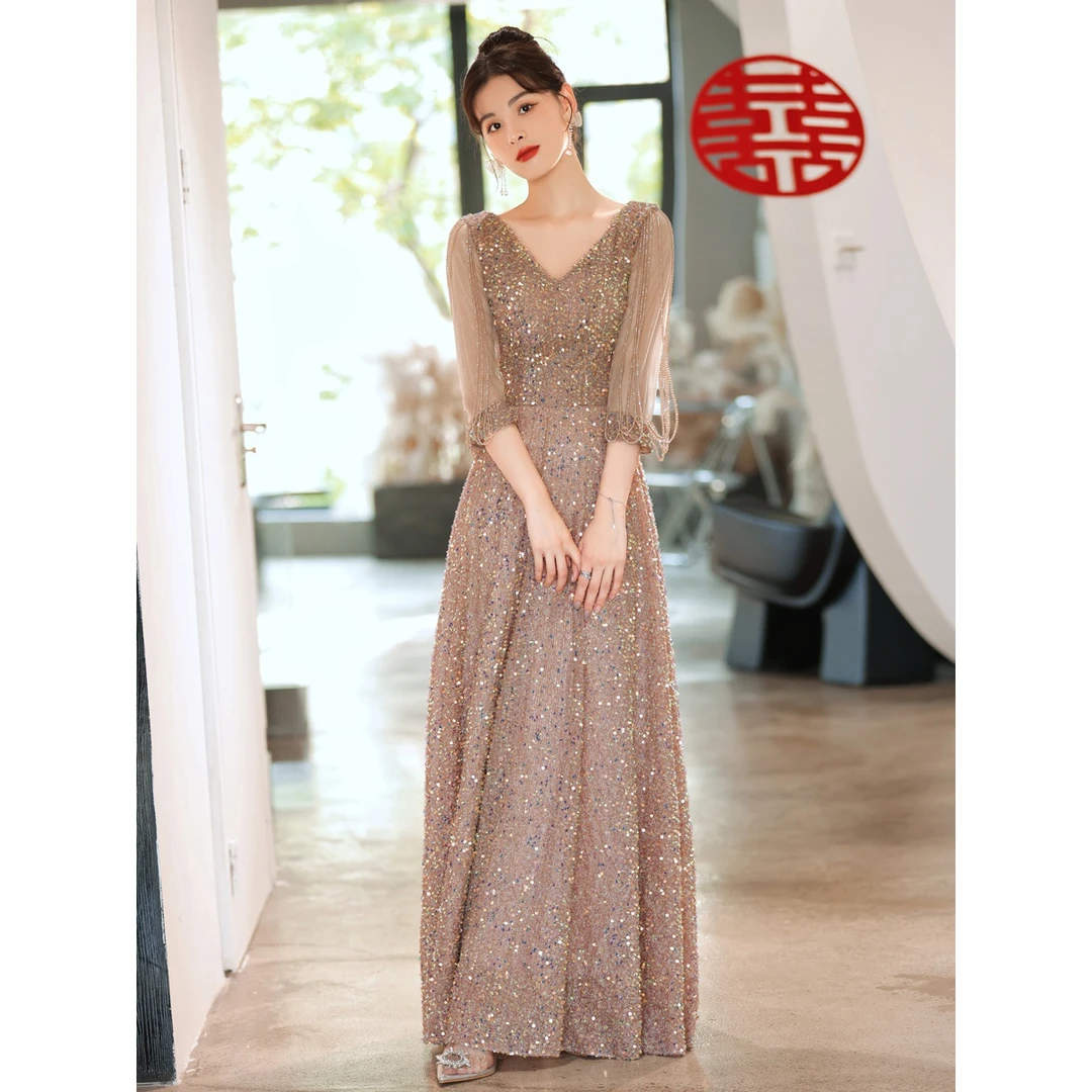 高端轻奢小众订婚礼裙宴会晚礼服女生日高级感长袖敬酒服新娘大气