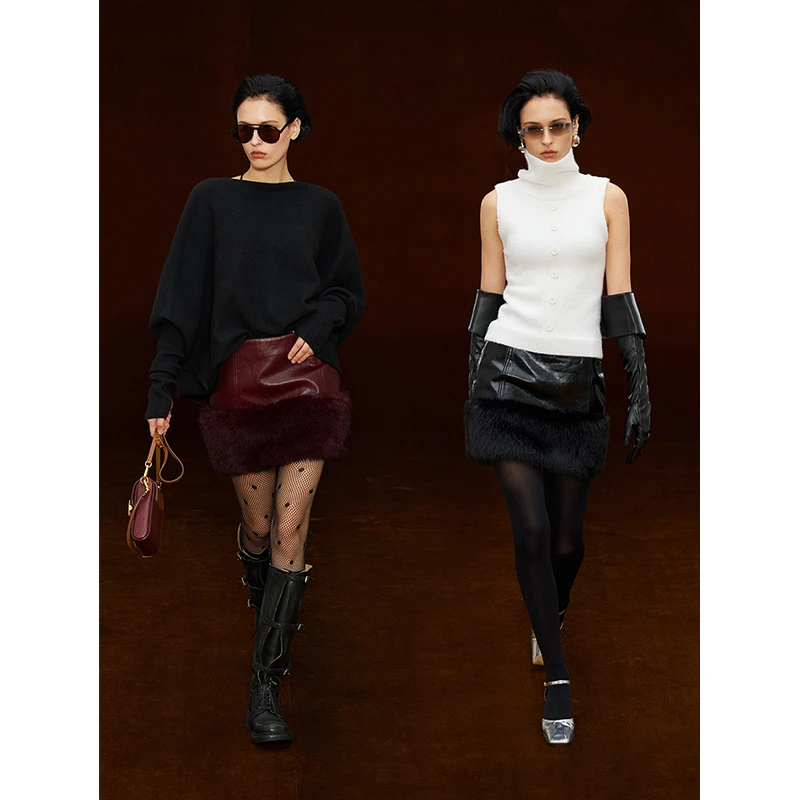 randpickee | retro系列-复古回溯皮毛拼接半身皮裙