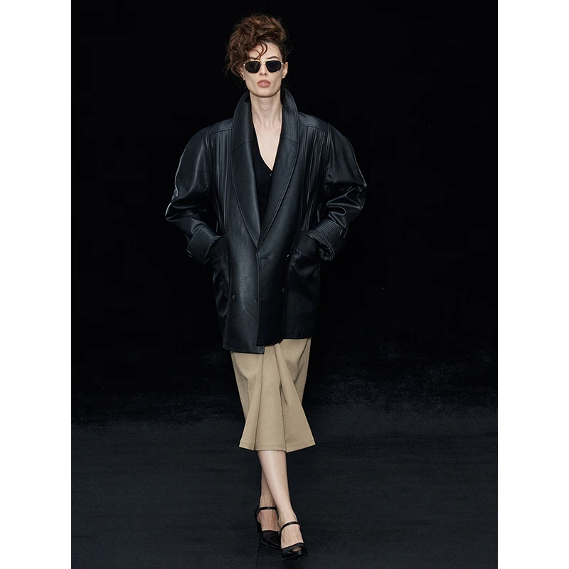 randpickee｜Retro系列-复古青果领弧形肩廓形皮衣