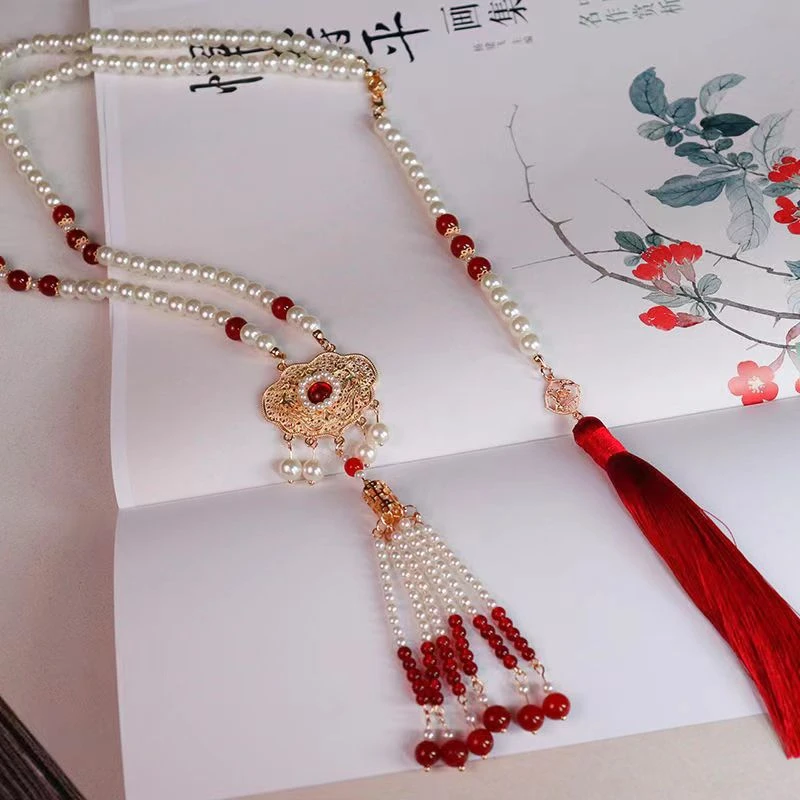 合金仿珍珠吊坠 汉服古风马面裙配饰年年璎珞长背云