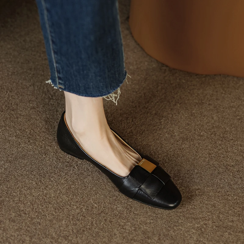 1cm/羊皮/真皮编织低跟单鞋女软底软面平跟圆方头金属扣女鞋子41