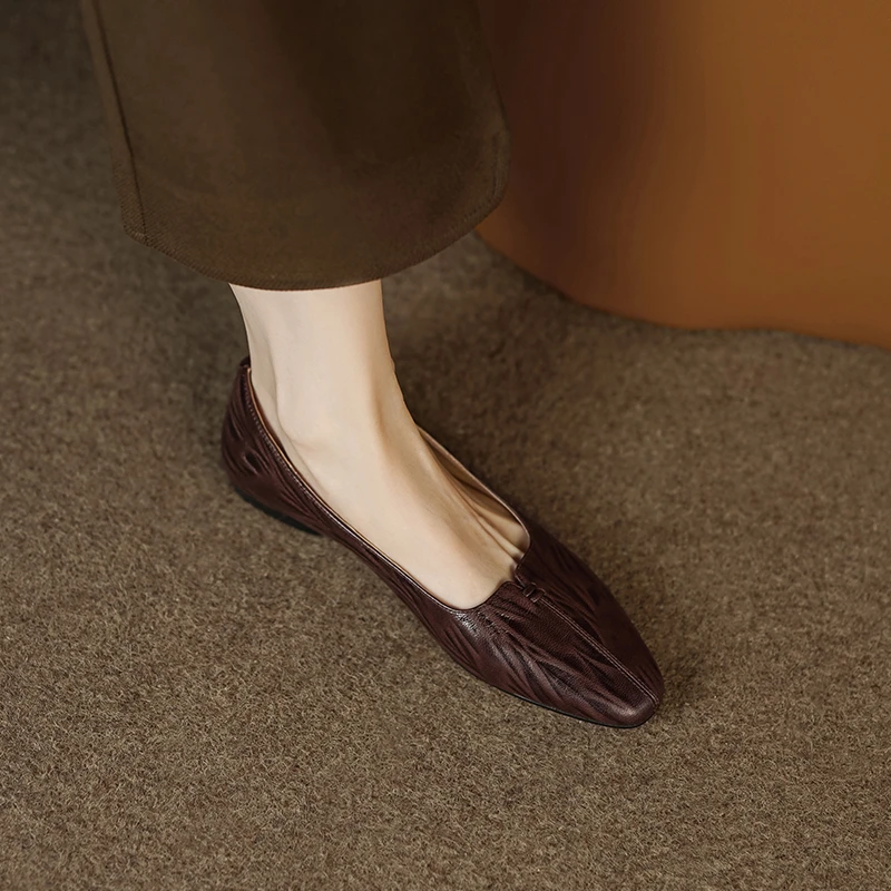 1cm/羊皮/巨舒服真皮单鞋女舒适平跟圆头浅口瓢鞋百搭复古鞋子女