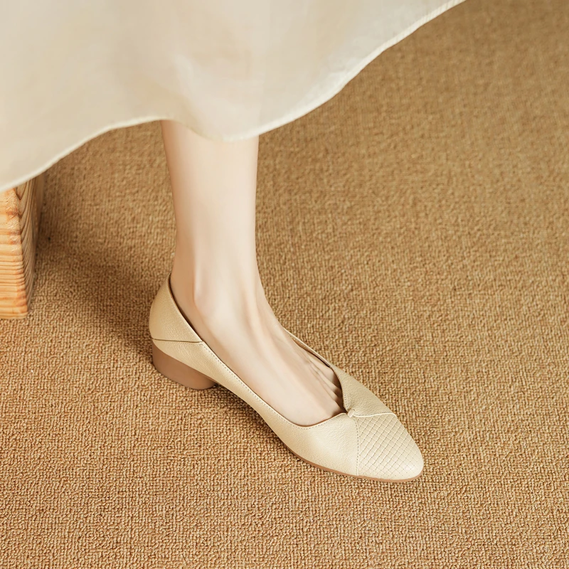 3cm/羊皮/软底软面真皮单鞋女粗跟百搭中跟芒果头浅口两穿鞋子女