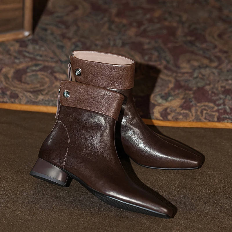 3cm/牛皮/法式复古真皮短靴女高级感方头中跟翻领后拉链冬季女鞋