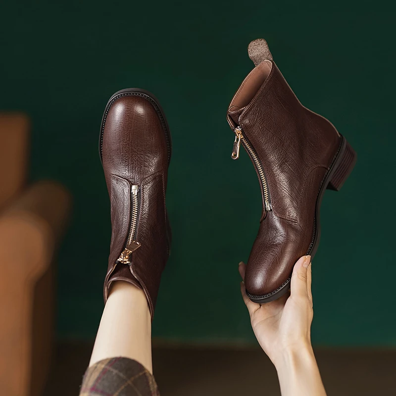 3.5cm/牛皮/真皮粗跟短靴女舒适圆头软底软面中跟冬季皮靴子女41