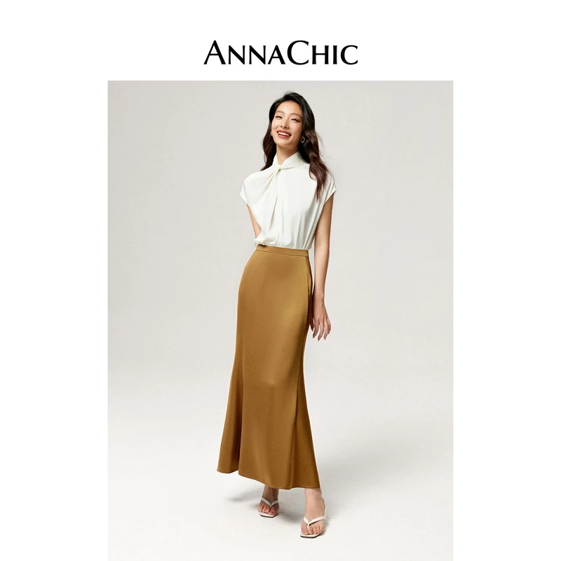 ANNACHIC米杏色缎面衬衫女夏季新款设计感不对称衬衣气质短袖上衣