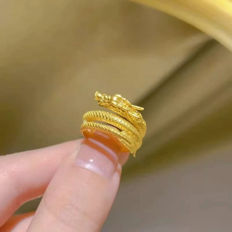铜合金戒指 三圈盘龙戒指本命年食指生肖龙开口指环复古饰品新款