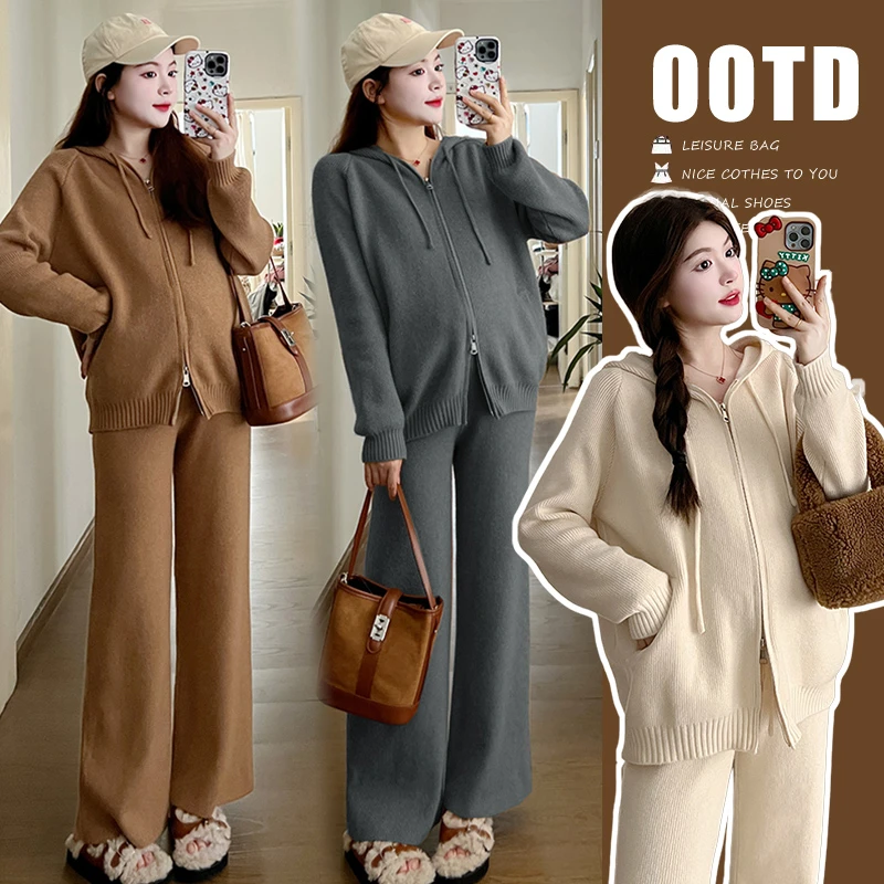 X3191#8.16 孕妈秋冬休闲连帽针织上衣显瘦阔腿长裤套装裤子