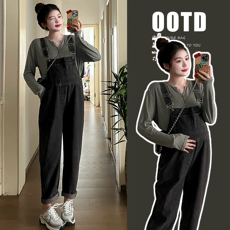 Y2005#8.1新款2024秋冬季新品上衣+韩版牛仔背带裤孕妇套装