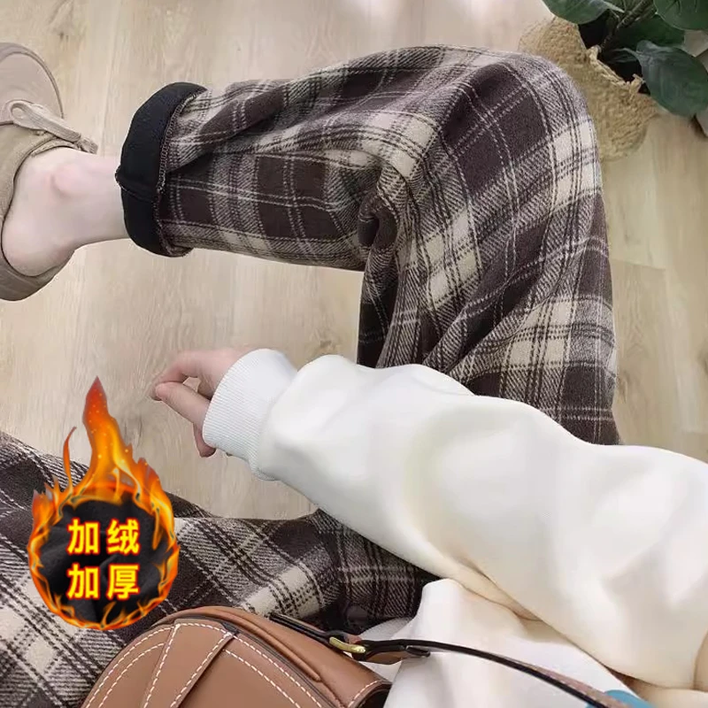 C12#11.10孕妇复古加绒格子休闲裤女冬季新款韩版宽松显瘦阔腿裤