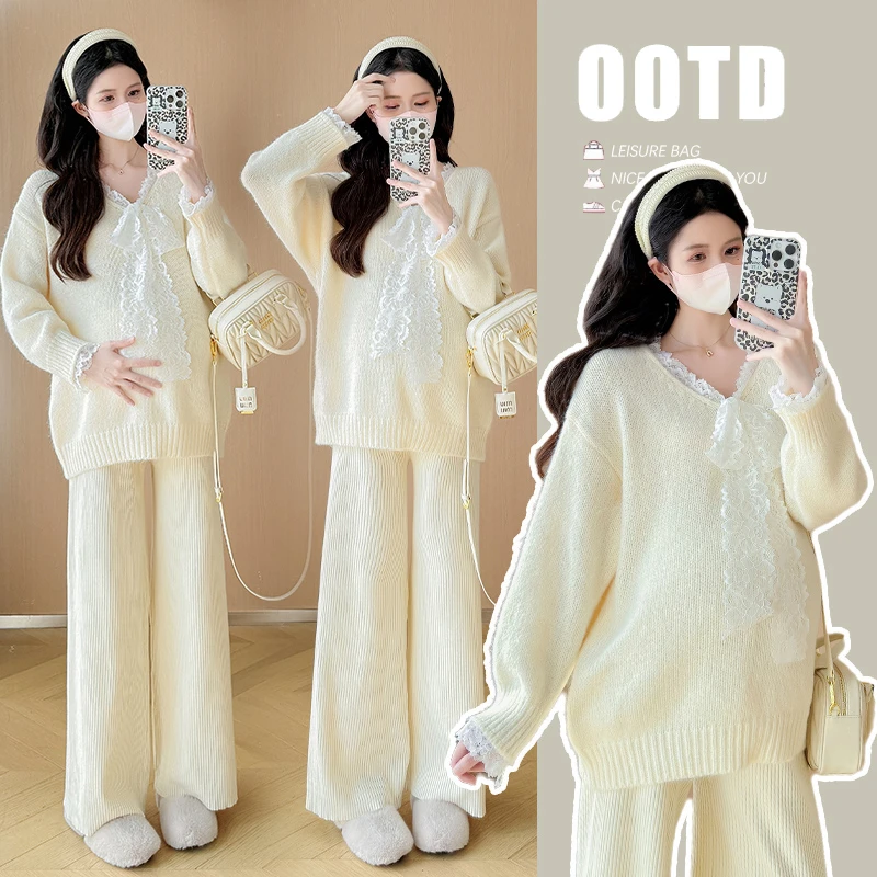 Y3238#11.7小个子孕妇装蕾丝拼接孕妇毛衣+孕妇裤两件套孕妇套装