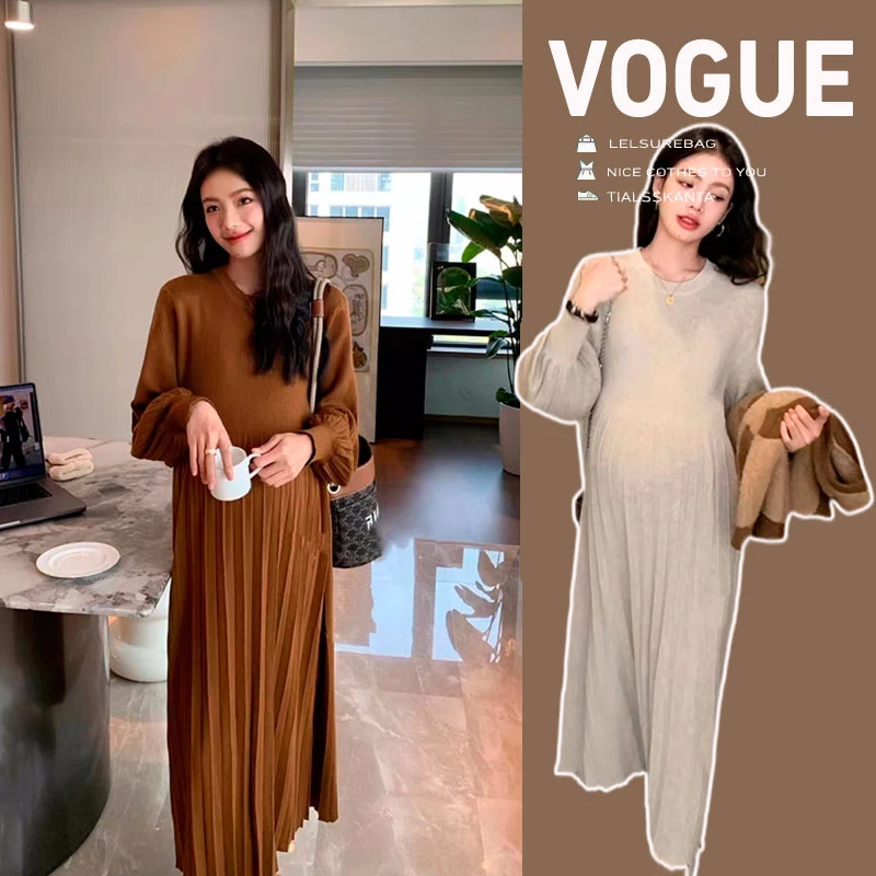 X3083#8.4 孕妇装秋冬新款宽松泡泡袖打底裙毛衣裙过膝长款连衣裙