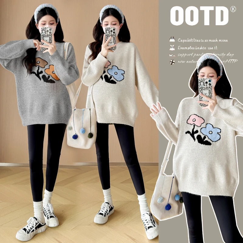 Y3268#11.25新款2024孕妇装小花圆领毛衣秋冬款花朵图案针织宽松