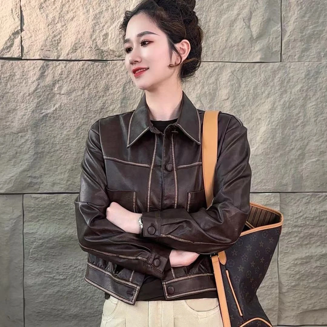 【休闲日记】春秋宽松长袖气质短款百搭时尚网红皮夹克外套8819皮衣