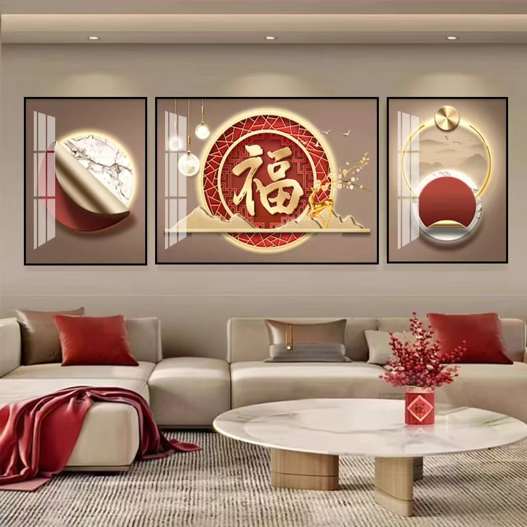 《瑞福临门》重工客厅三联画背景沙发背景画晶瓷镶钻铝合金边框