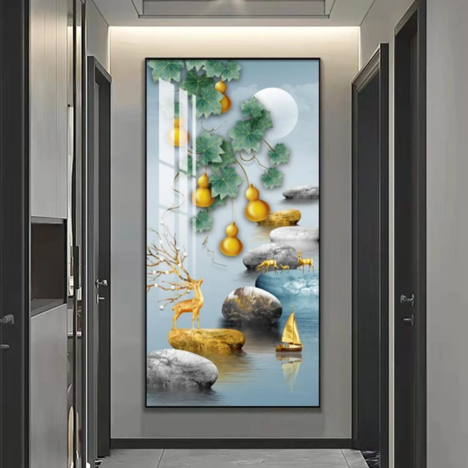 2023新款《五福临门》重工系列玄关装饰画过道画晶瓷镶钻铝合金框
