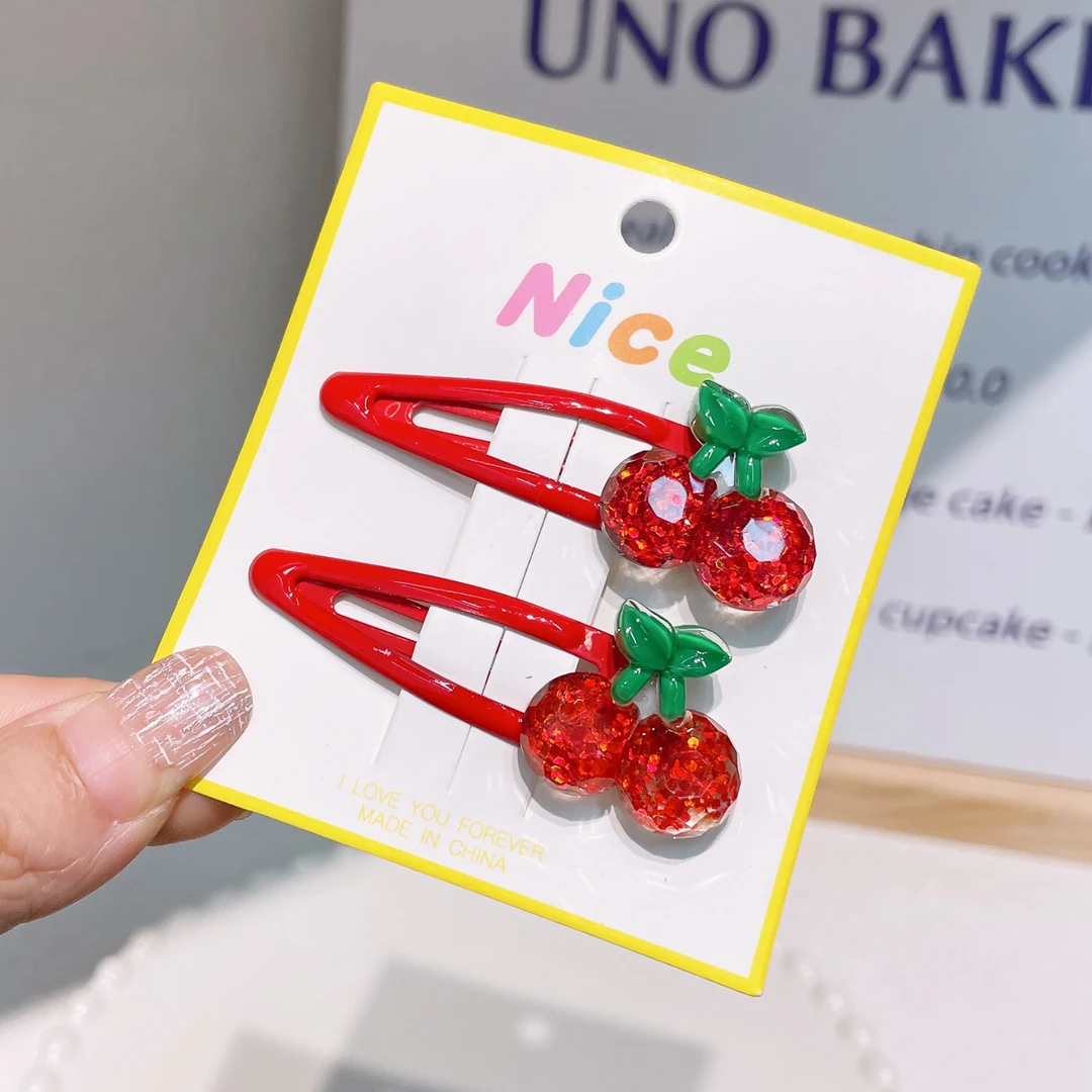 A-5307  bh  2个红色樱桃百搭水果儿童额前碎发掰掰夹       发圈