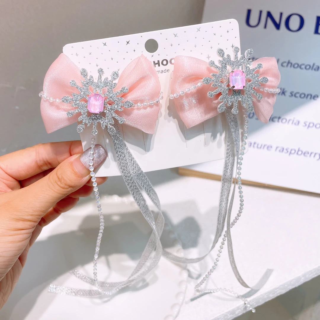 A-2819 sh 1对粉色蝴蝶结飘带鸭嘴夹 发圈