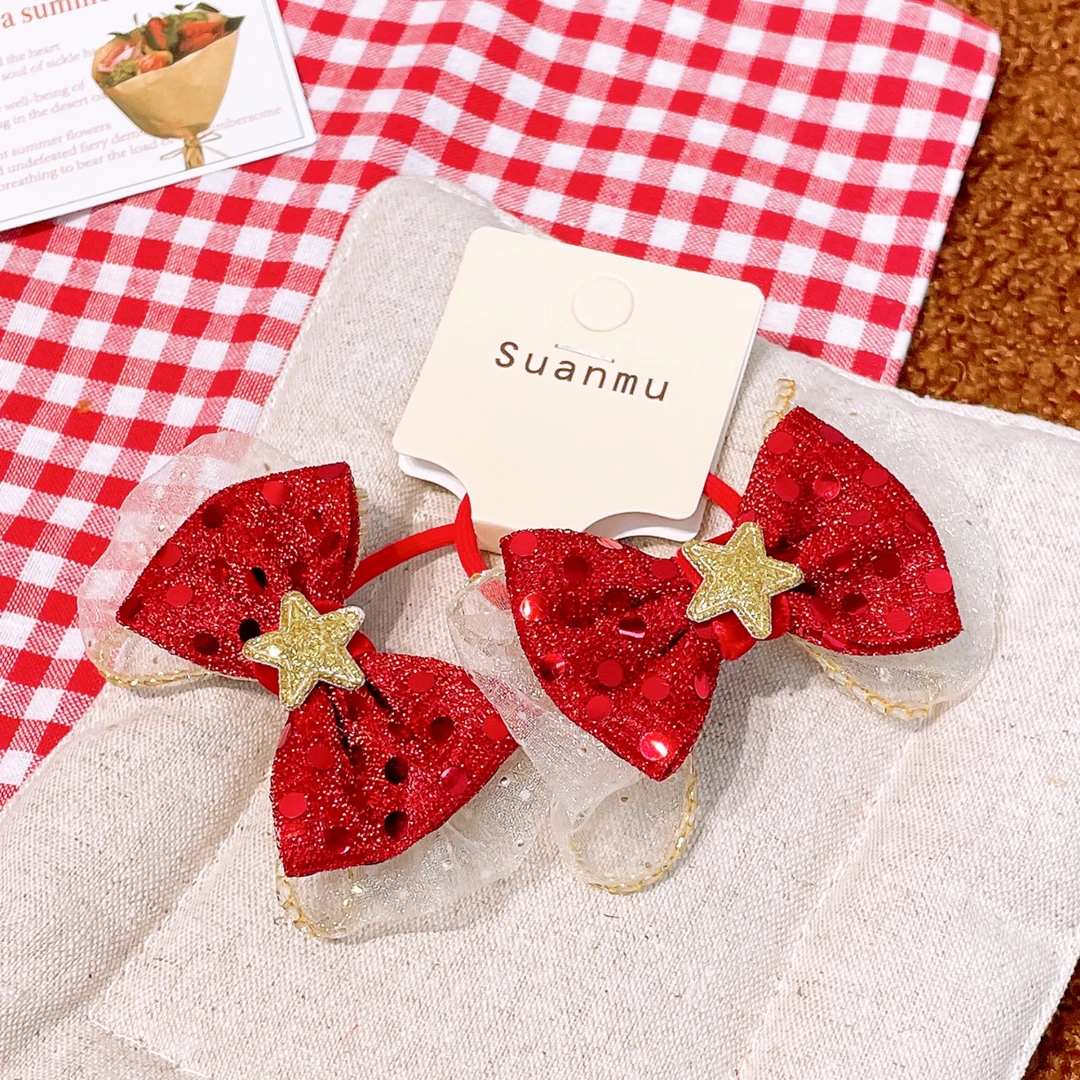 A-5875   mm 1对红色蝴蝶结星星头绳       发圈